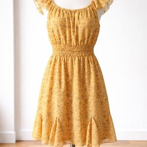 Three Pink  Hearts Yellow Floral Smocked Mini Sundress Dress